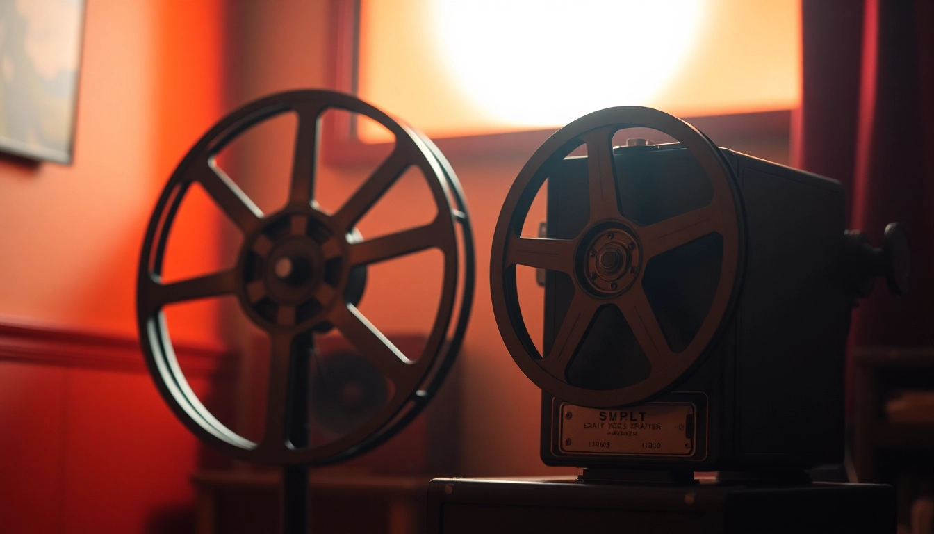 Watch classic Public Domain Movies with an antique film reel and projector in a nostalgic setting.