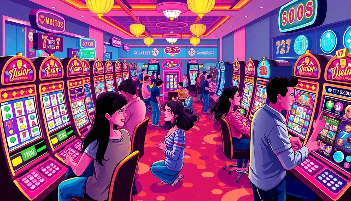 Experience thrilling gameplay with various slot online machines, showcasing colorful graphics and happy players.