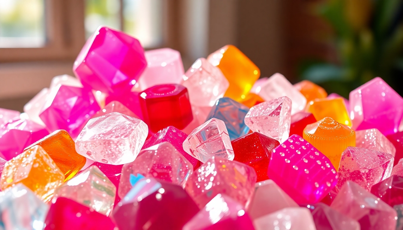 Savoring radiant crystal candy in various shapes and colors delights the senses through its sparkling appearance.