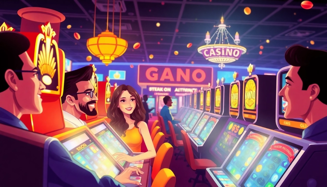 Engage in thrilling สล็อต pg เว็บตรง gameplay at a lively online casino with excited players.