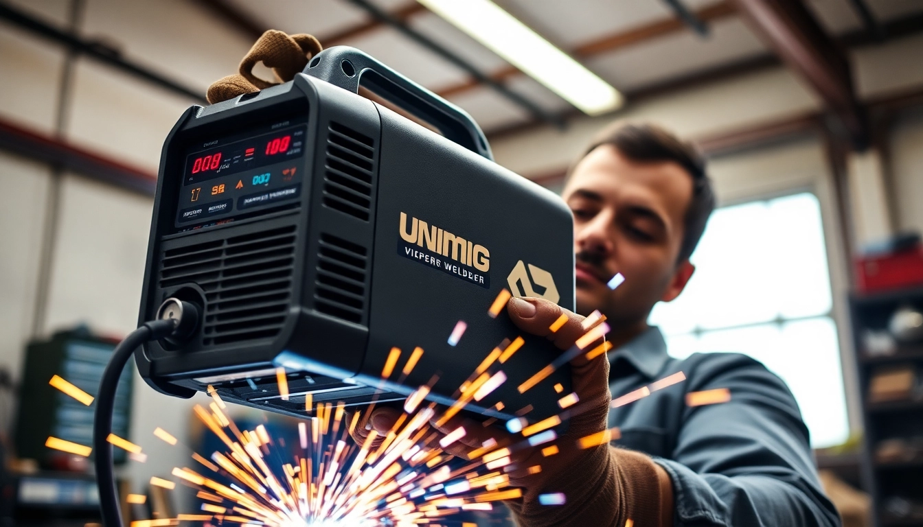 Welding with the Unimig Viper welder, showcasing its three-in-one functionality for MIG, TIG, and stick welding.