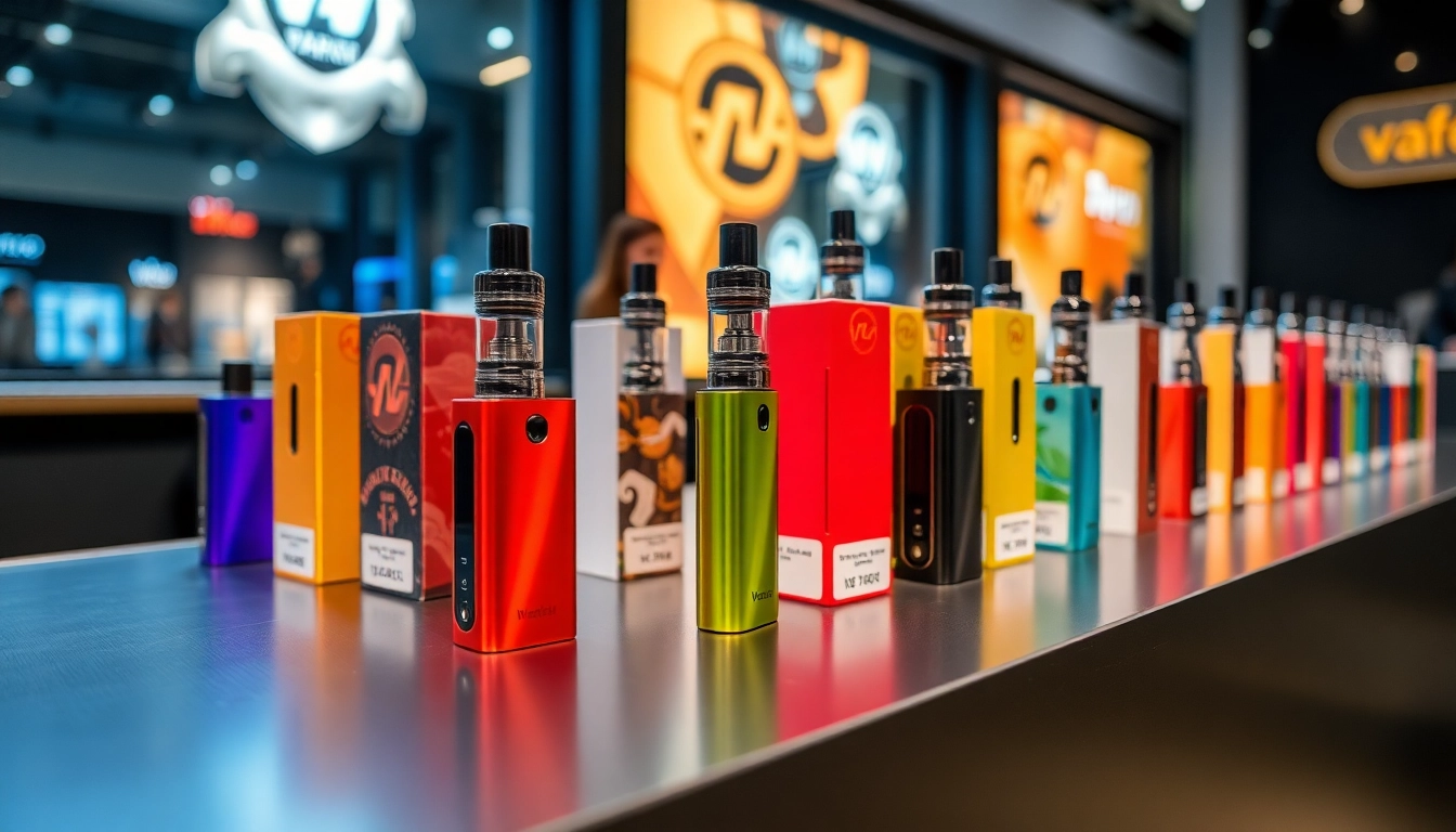 Showcasing dummy vapes with vibrant colors and sleek designs arranged on a sleek surface.