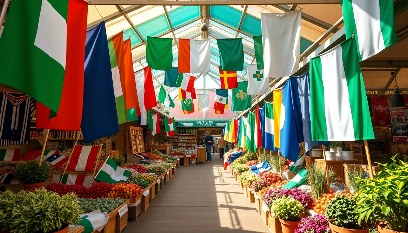 Create custom flags Ireland showcasing bright designs at a lively market event.