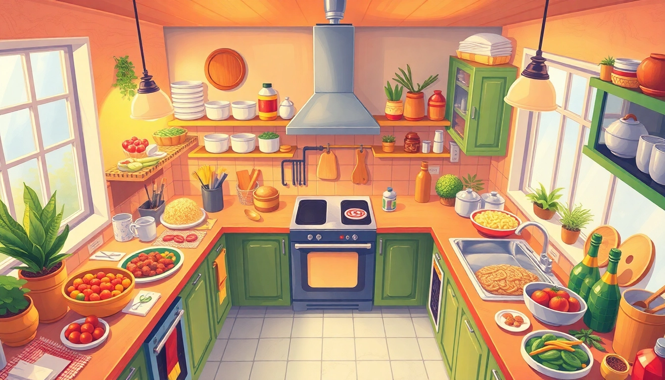 Engaging kitchen scene showcasing various dish facts and culinary ingredients in colorful presentation.