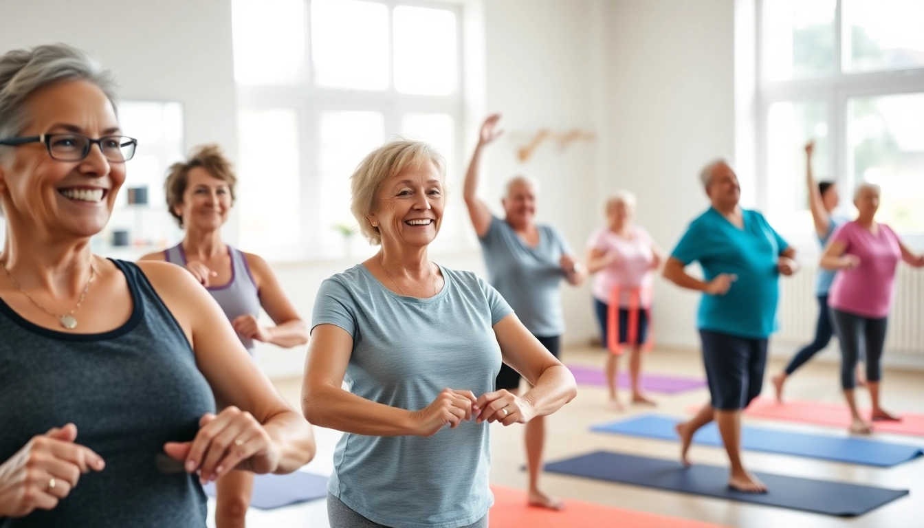 Senior Fitness Training session with engaged seniors using resistance bands in a vibrant gym.