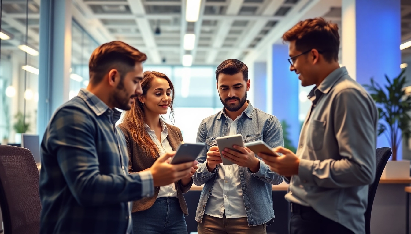 Professionals collaborating on outsourcing strategies in a modern office setting.