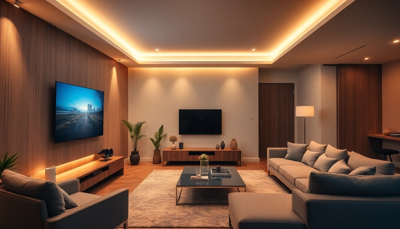 Smarthomeguysphx demonstrates expert TV wall mounting in a stylish living room setup with ambient lighting.