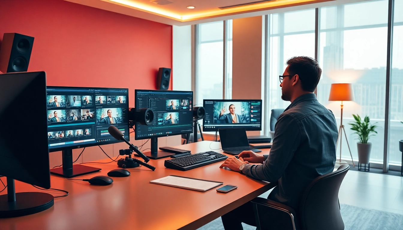 Professional corporate video editing process showcased with colorful software screens and engaging clips.