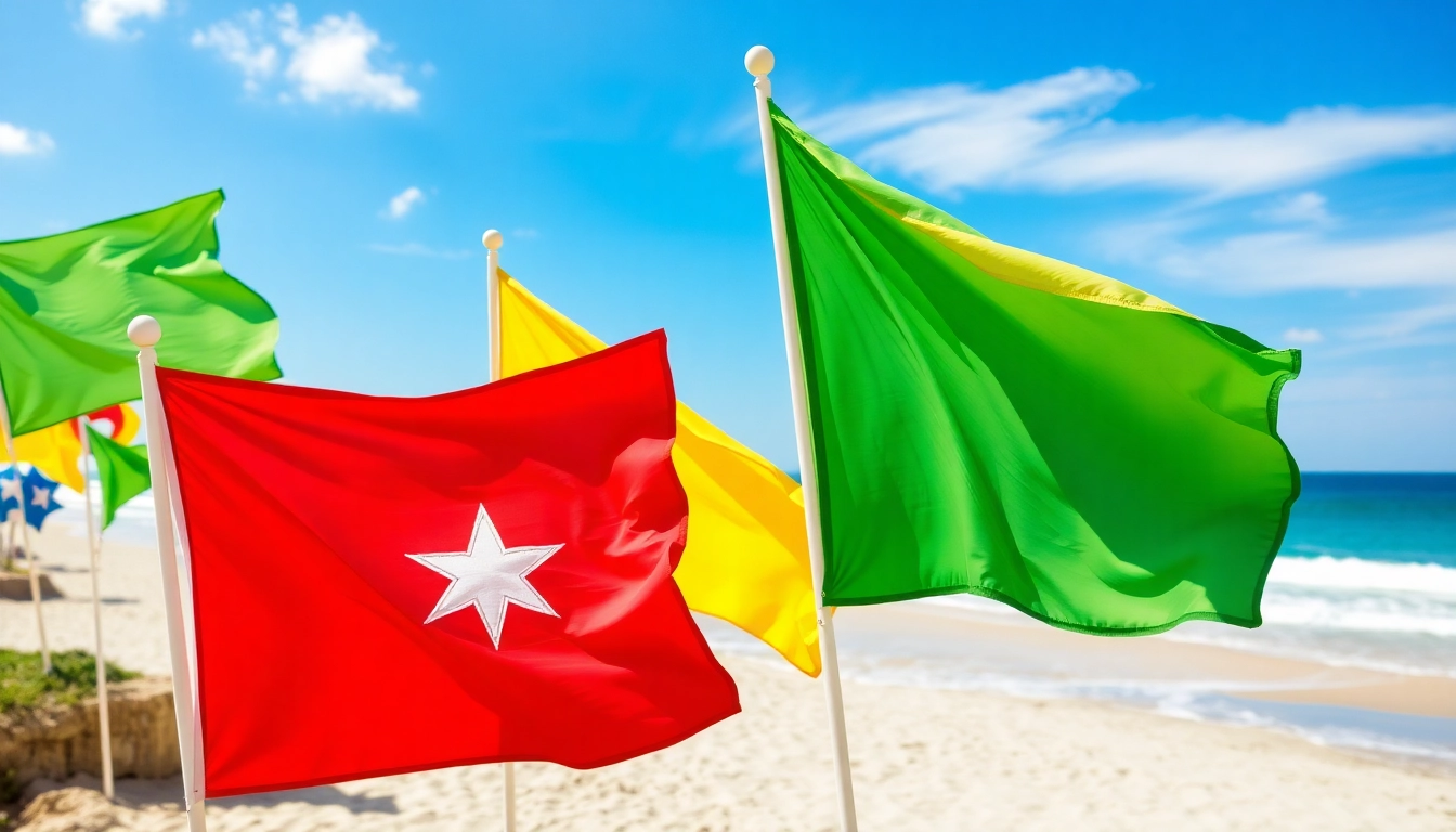 beach flag waving in the breeze near a sunny beach, signaling water safety conditions.