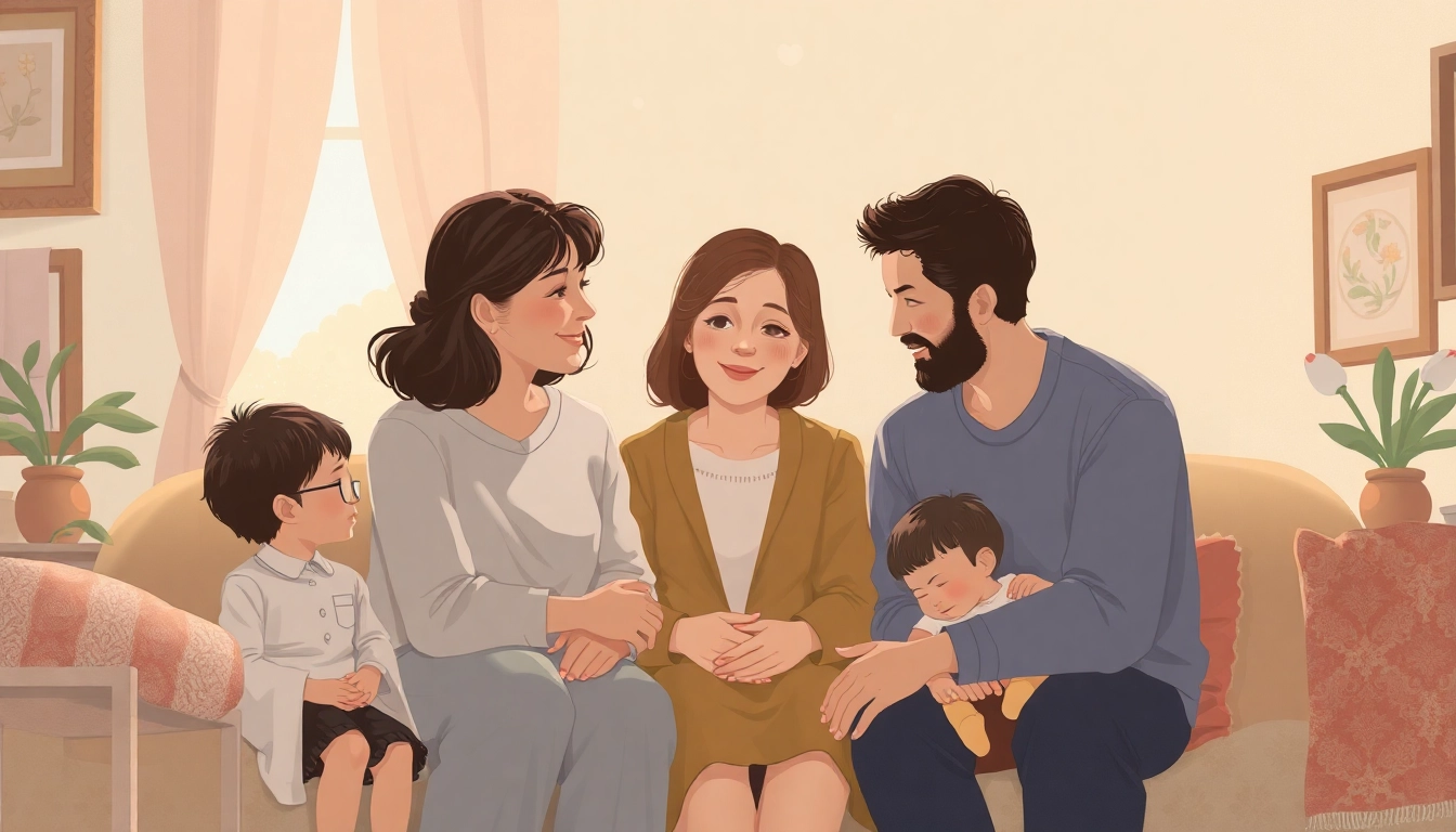 Illustrate the essence of the film Here with families interacting in a cozy, generational setting.