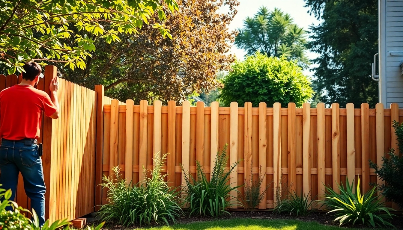 Fencing companies Manchester installing a durable wooden fence in a green backyard setting.