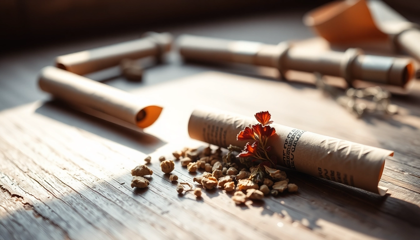 Hand-rolled alternative smoking blend arranged elegantly on a textured wooden table with herbs.