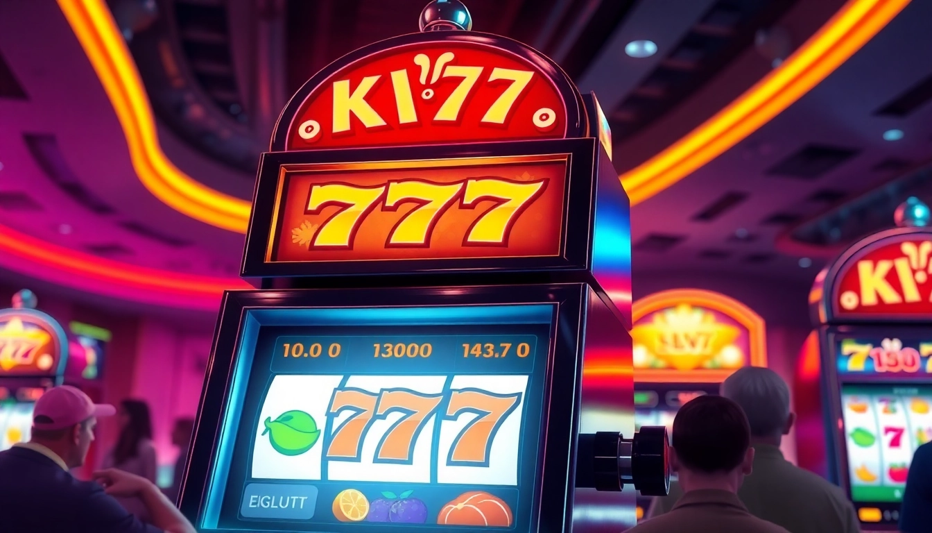 Spin the lucky สล็อต777 slot machine adorned with vibrant fruit symbols in a lively casino setting.