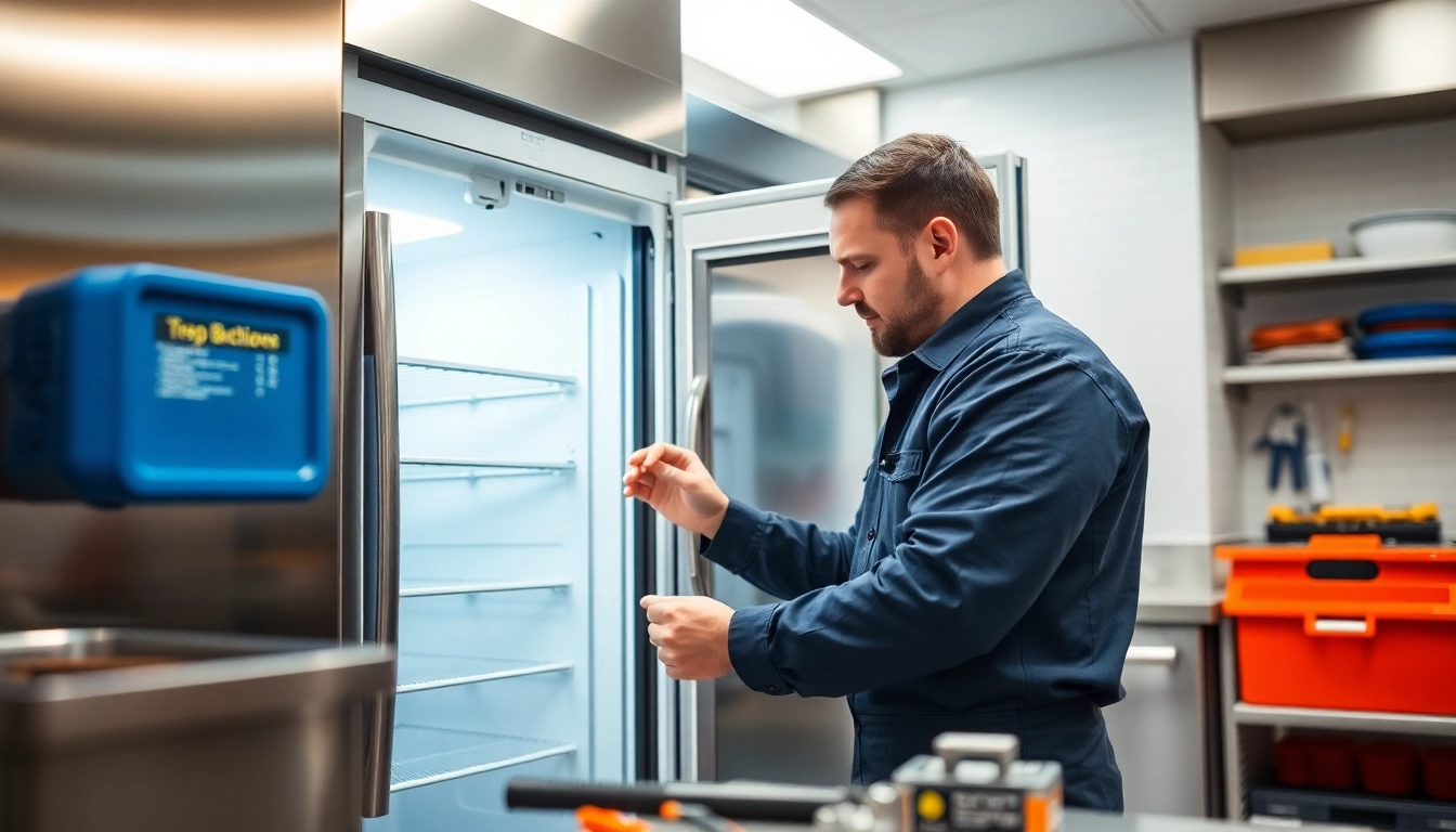 Expert technician performing commercial refrigerator repair in a bright, organized kitchen environment.