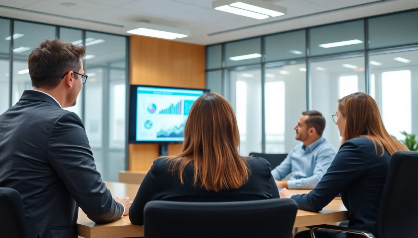 Team brainstorming competitive intelligence strategies in a modern conference room with digital charts