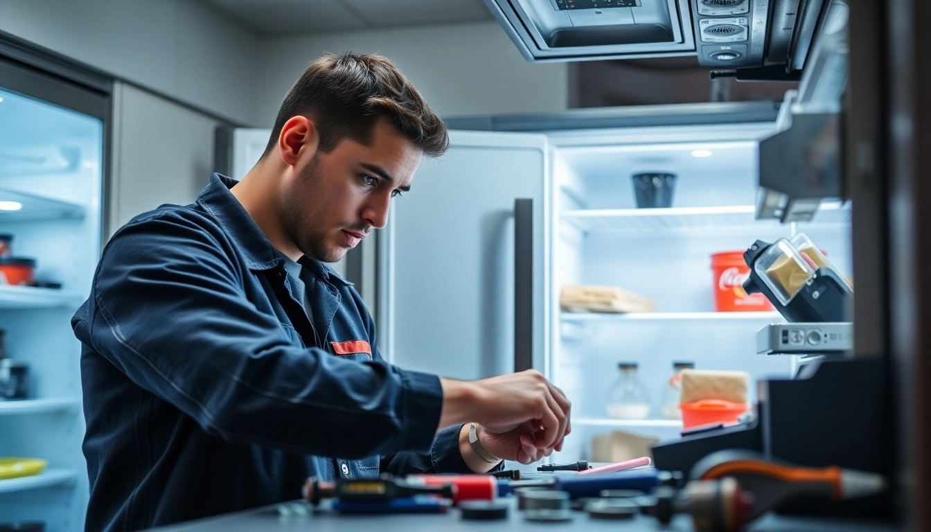 Technician conducting commercial refrigerator repair in a professional kitchen with tools displayed.