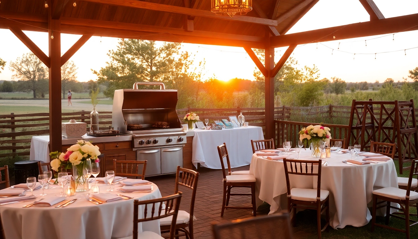 Hochzeit Grill Catering für Berlin – Elegant outdoor wedding grill setup with beautiful floral arrangements.