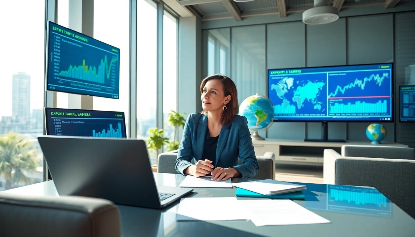 Analyze export tariffs data with a business professional in a modern office.