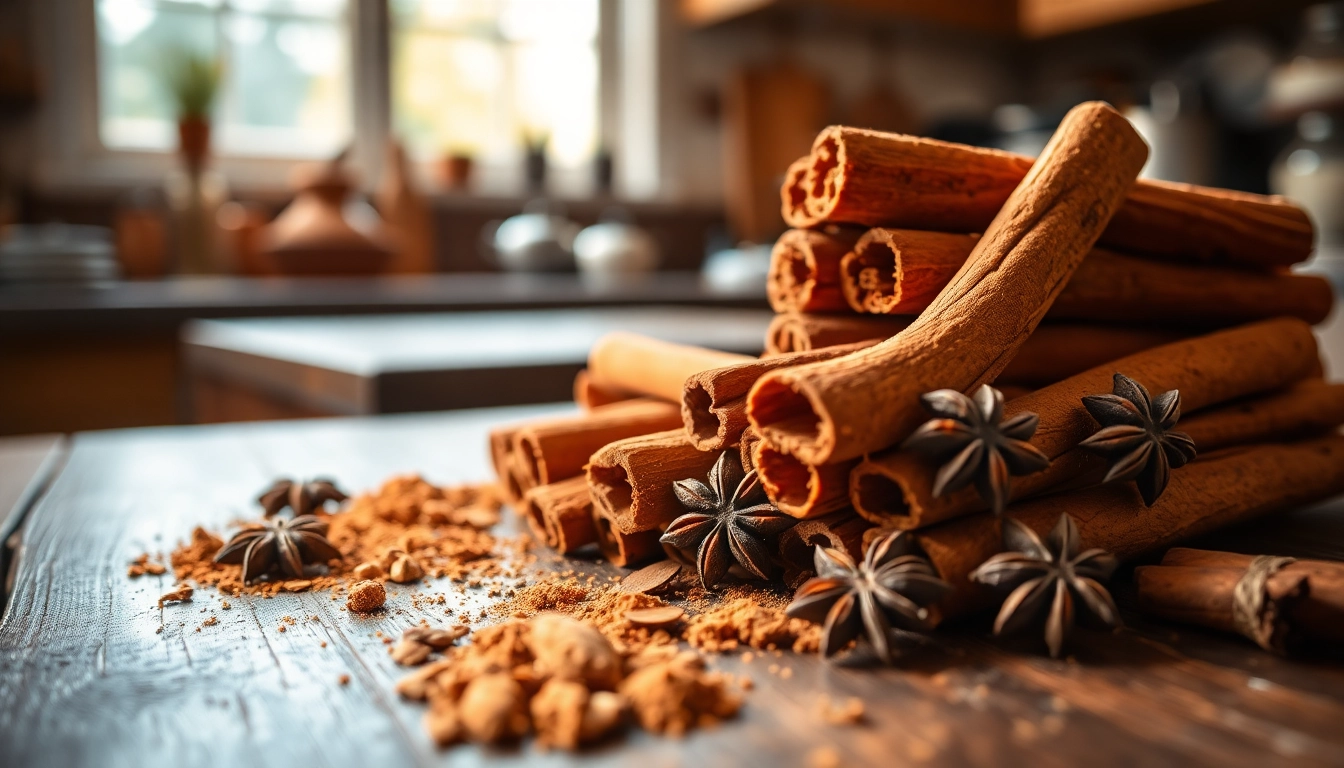 Highlighting cinnamon bark with fresh sticks and spices on a rustic kitchen table.