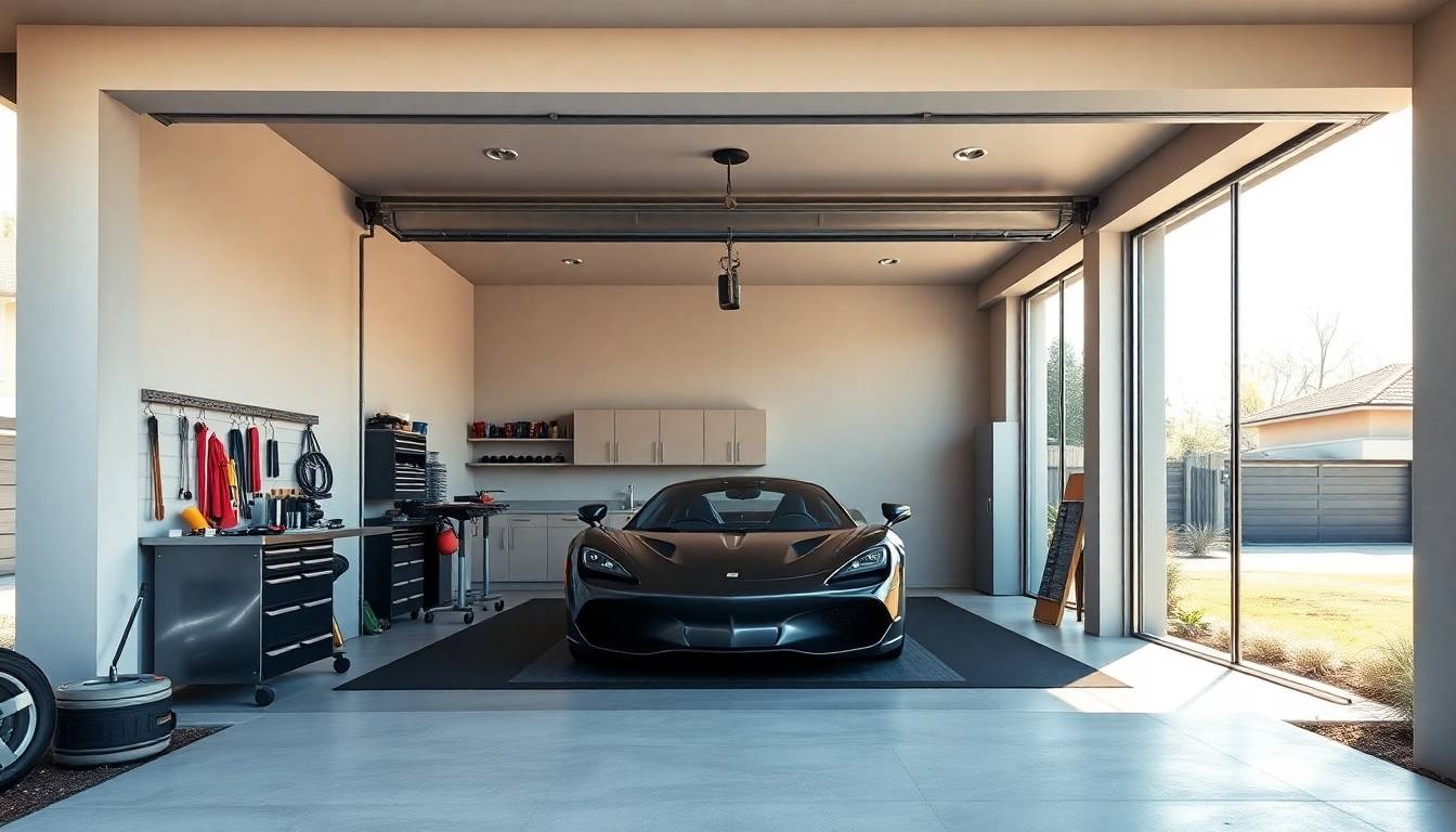 Design of custom garages featuring a modern interior and sports car, showcasing elegance and functionality.