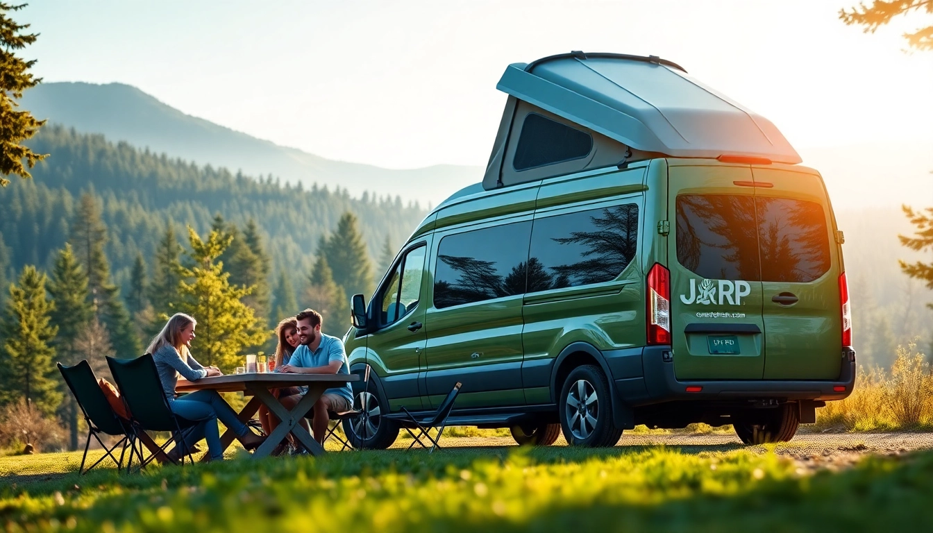 Family enjoying outdoor camping with JRP Campers van and scenic backdrop.