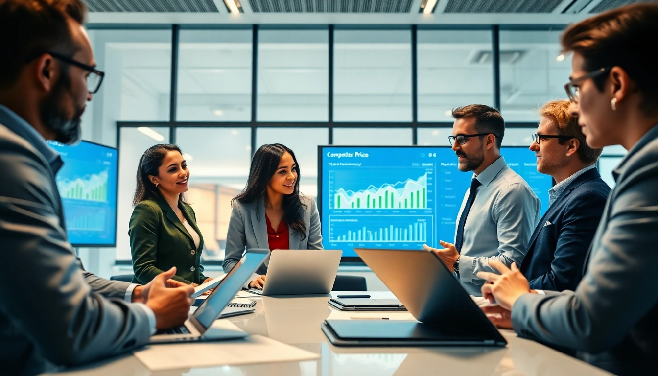 Business team engaged in competitor pricing research with analytics displayed on screens.
