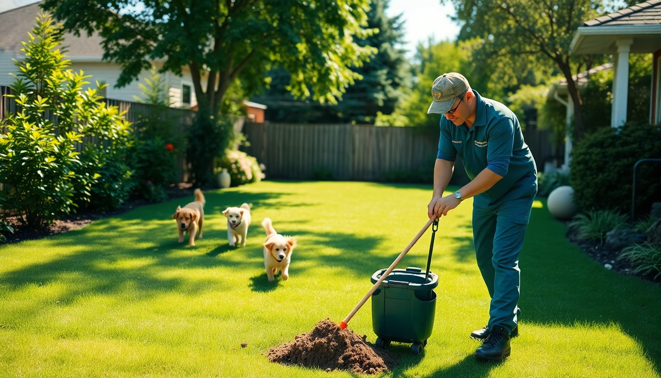 Dog poop pickup service in action featuring a professional technician in a green lawn.