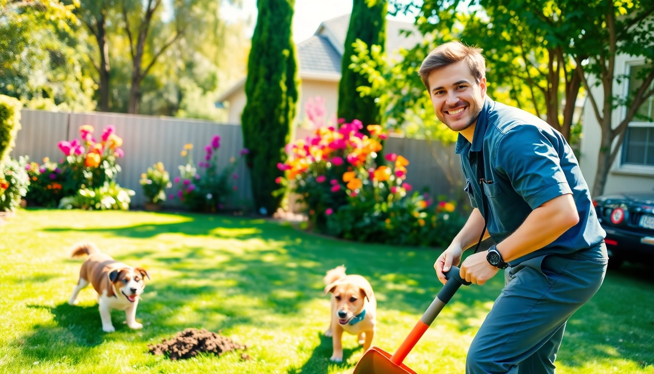 Weekly dog poop scooping service featuring a professional technician in a clean suburban yard.