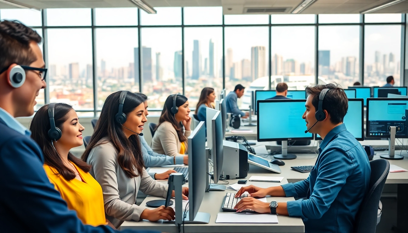 Enhance your business with a professional call center in Tijuana, showcasing agents at work and a vibrant city backdrop.