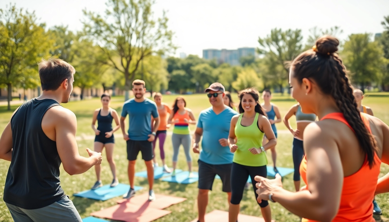 Engage in gym group training led by professional trainers in a vibrant outdoor setting.