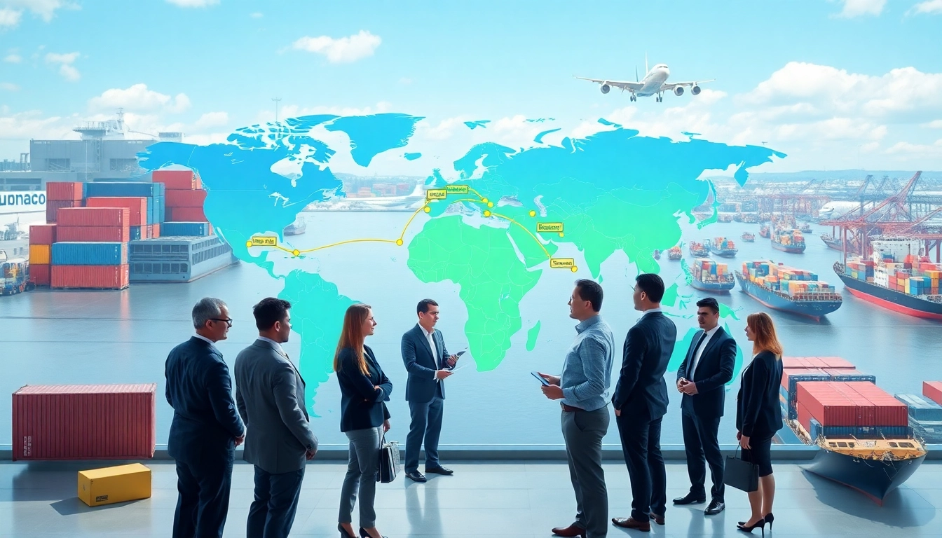 Illustration showing the impact of export tariffs on global trade with professionals and shipping logistics.