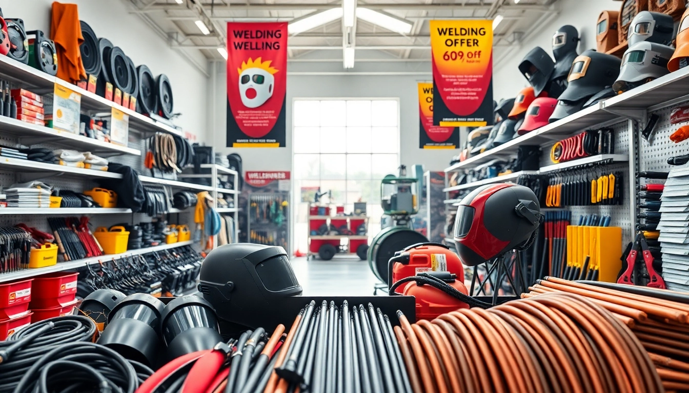 Shopping for welding supply close to me at a well-stocked welding store with safety gear and tools.
