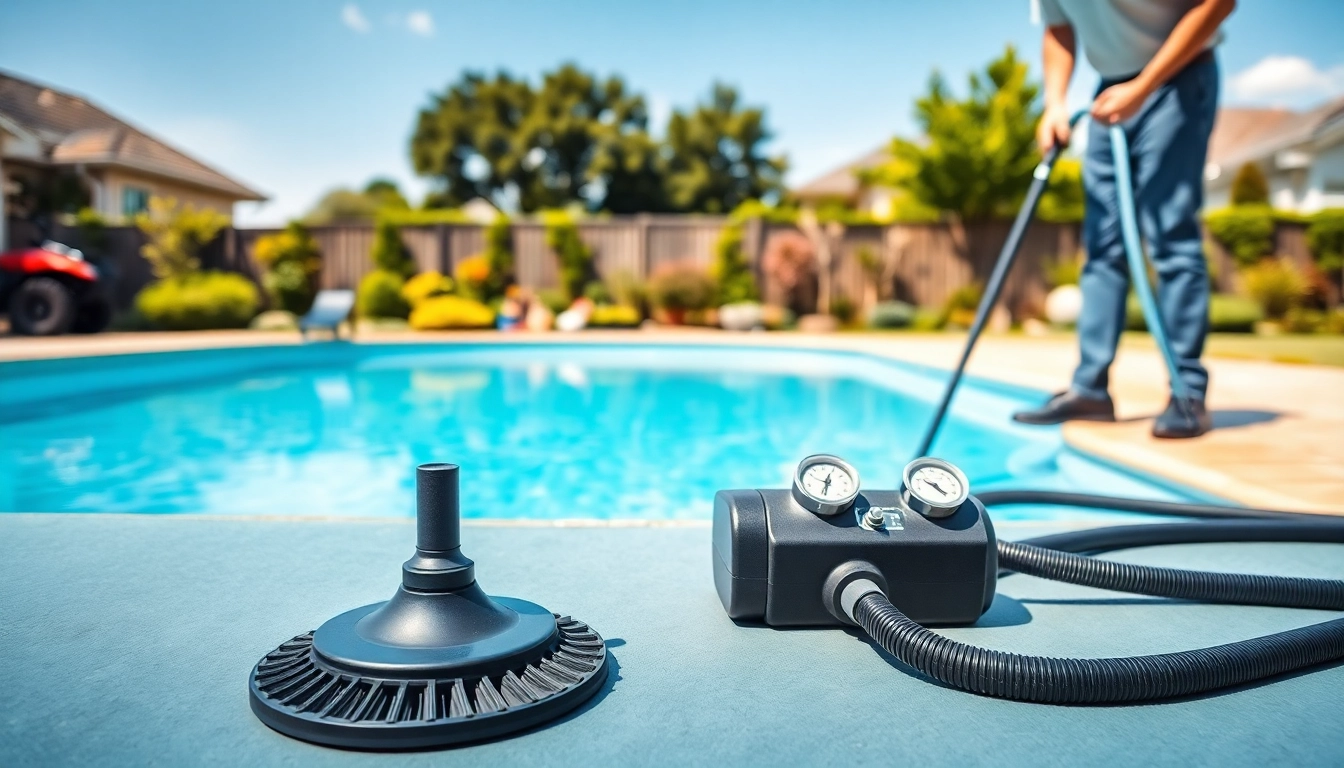 Engaging pool service near me with professionals maintaining a sparkling swimming pool in a serene backyard.