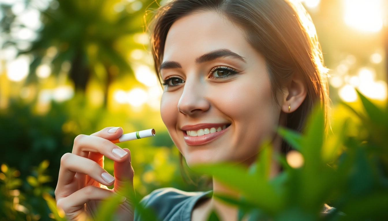 Person enjoying nicotine free cigarettes in a tranquil park, radiating calm and wellness.