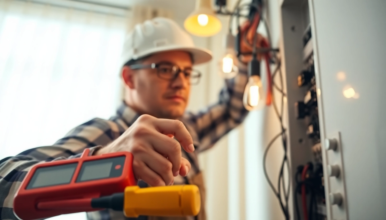 Electrician performing Electrical Service installation in a well-lit home environment.