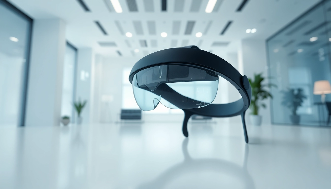 Buy Apple Vision Pro headset in a professional setting with digital overlays illustrating spatial computing.