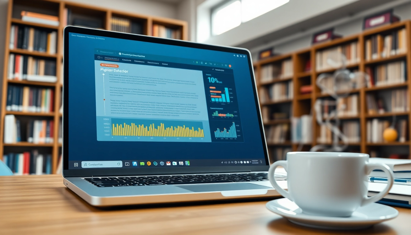 Check plagiarism detector interface on a modern laptop screen in a bright study.