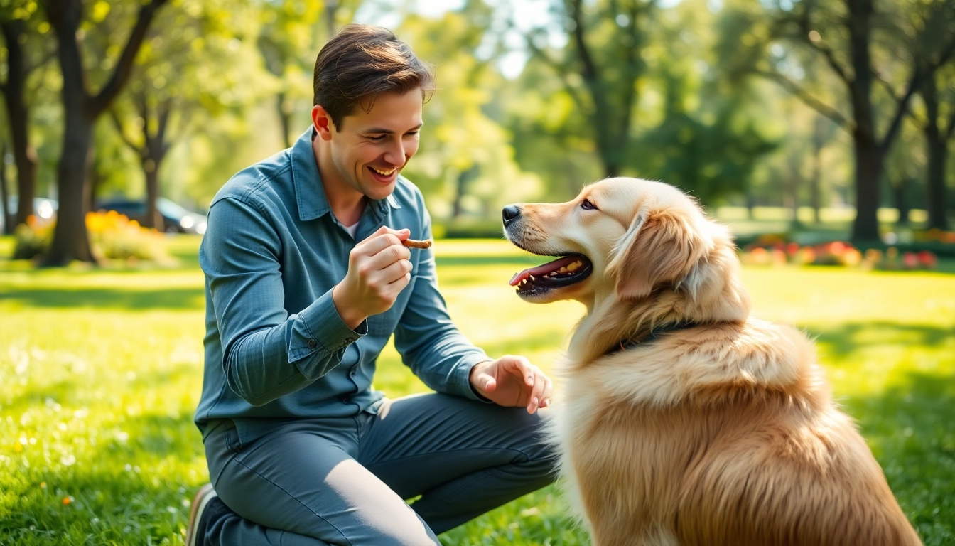 Engaging Dog Training Irvine session with a trainer using positive reinforcement techniques outdoors.