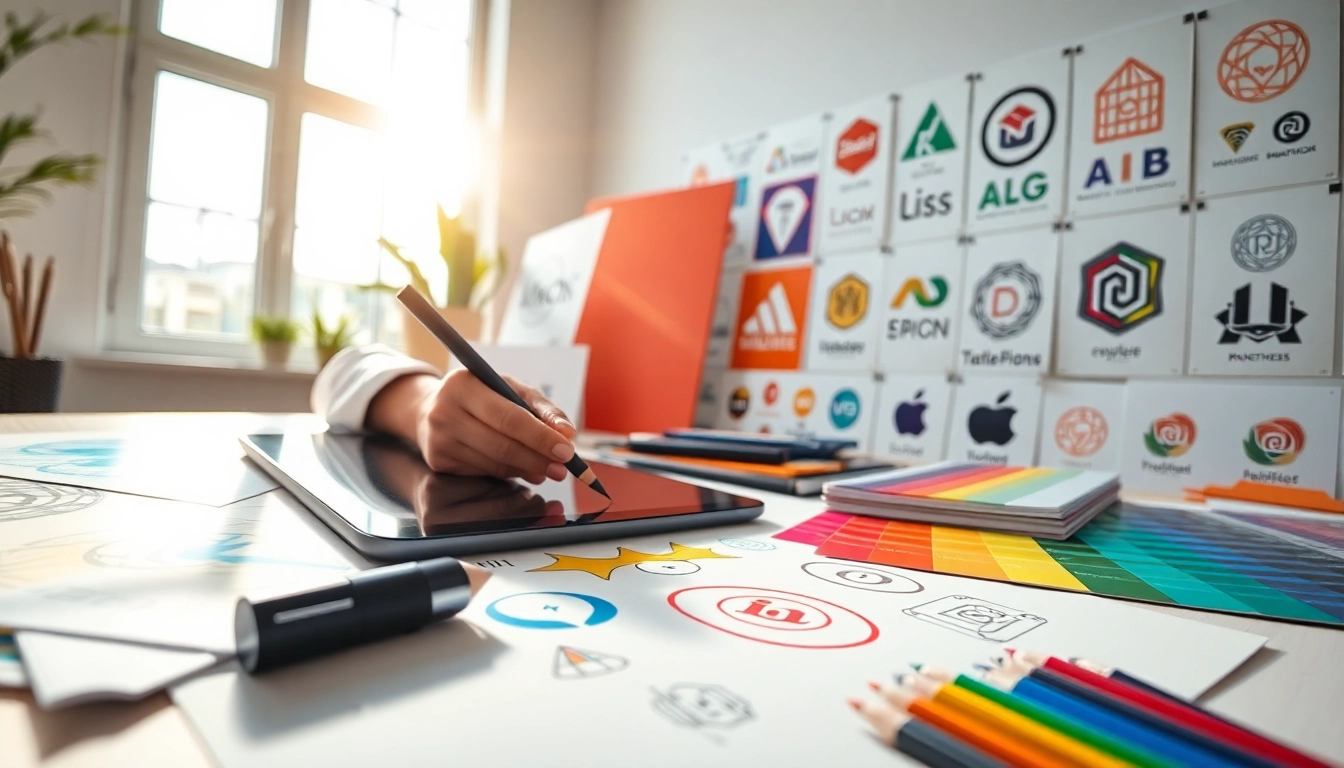 Creating a trademark logo with vibrant designs and professional tools in a graphic studio.