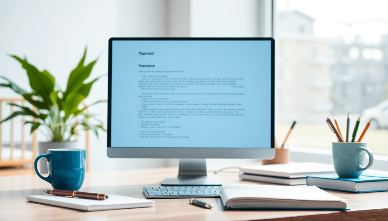 Analyze text using a plagiarism detector interface in a modern workspace with bright lighting.