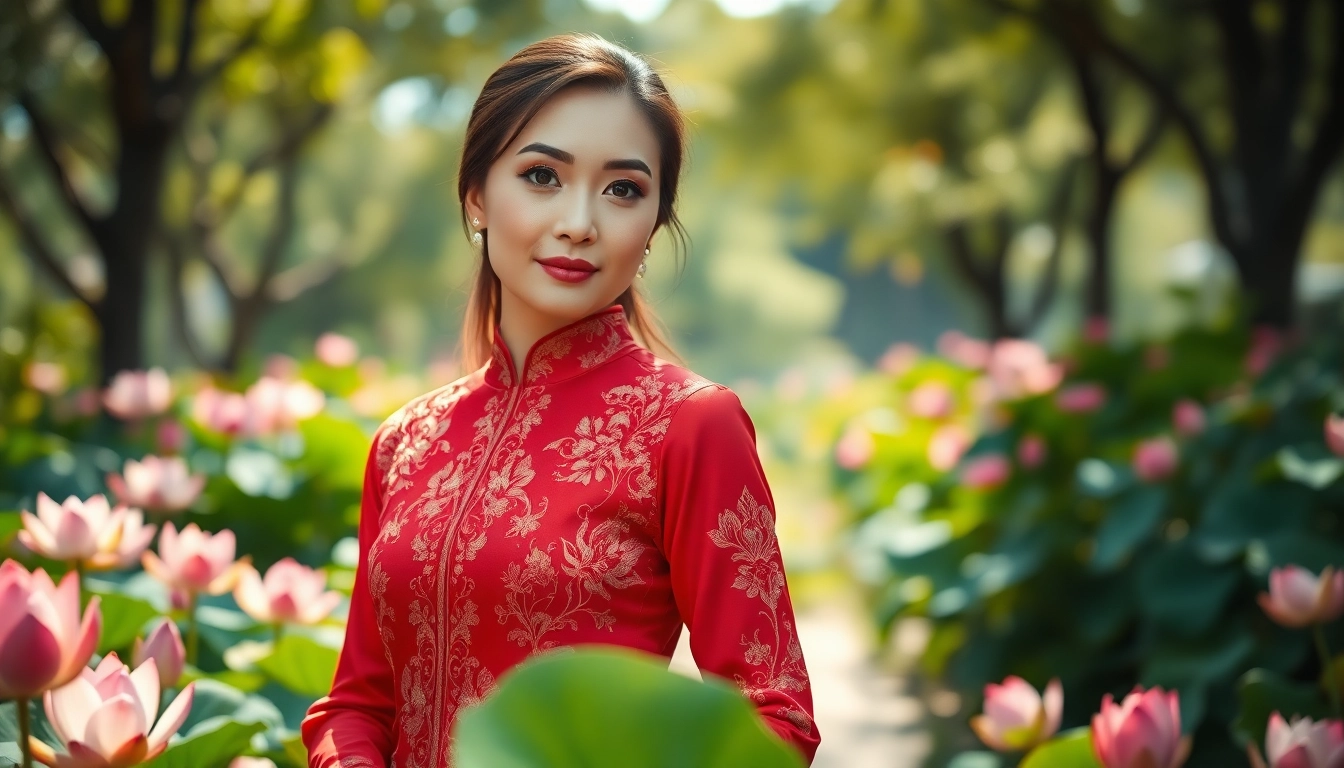 Stylish woman in a Vietnamese Áo Dài amid colorful blossoms, showcasing cultural beauty.