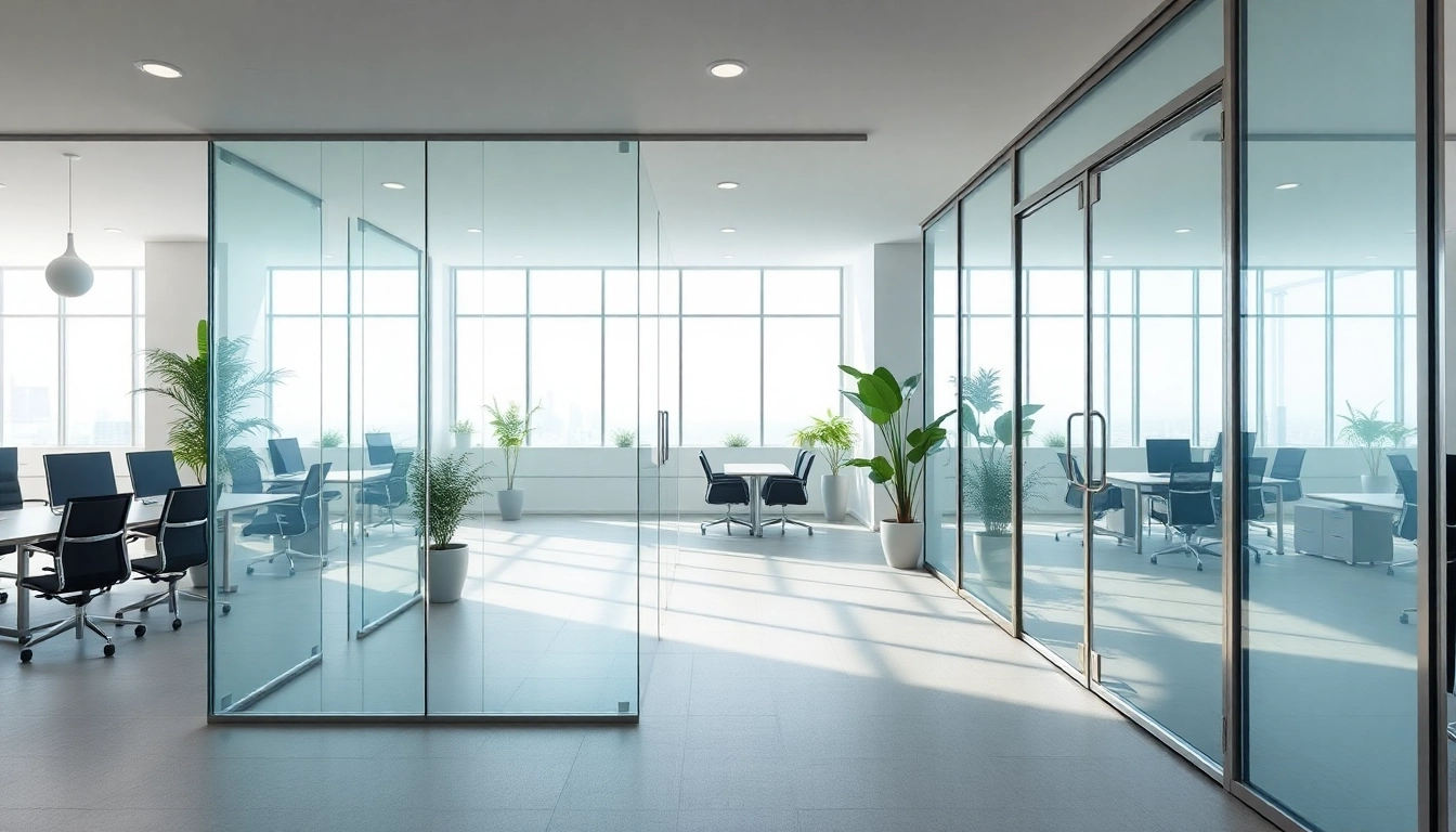 Showcasing movable glass partitions enhancing an office's functionality and aesthetic appeal.
