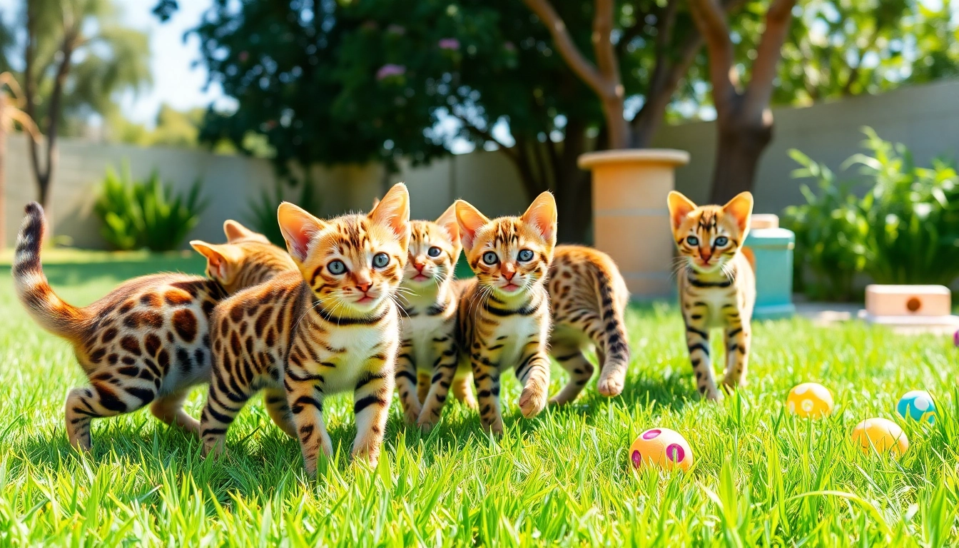 Bengal Breeders Orange County showcasing playful Bengal kittens in a sunny backyard.