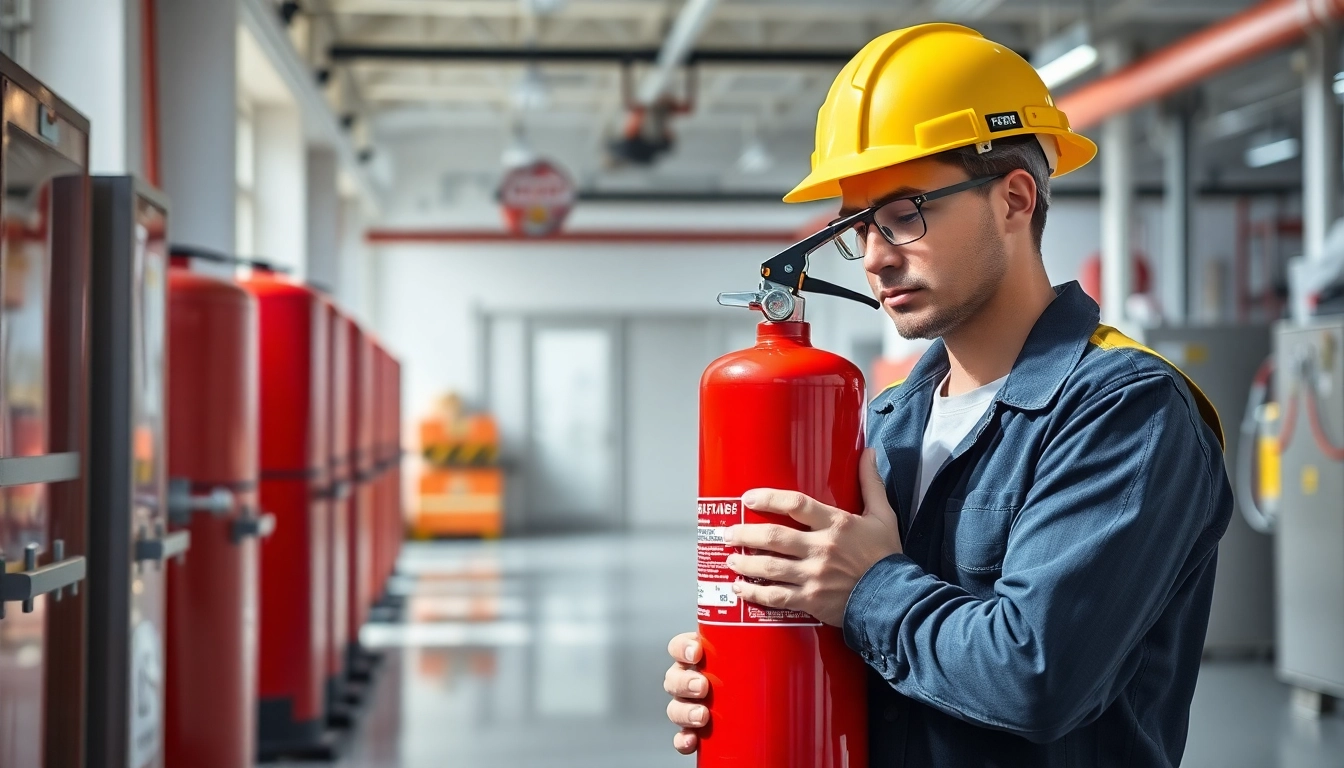 Conducting fire extinguisher maintenance inspection in a professional setting.