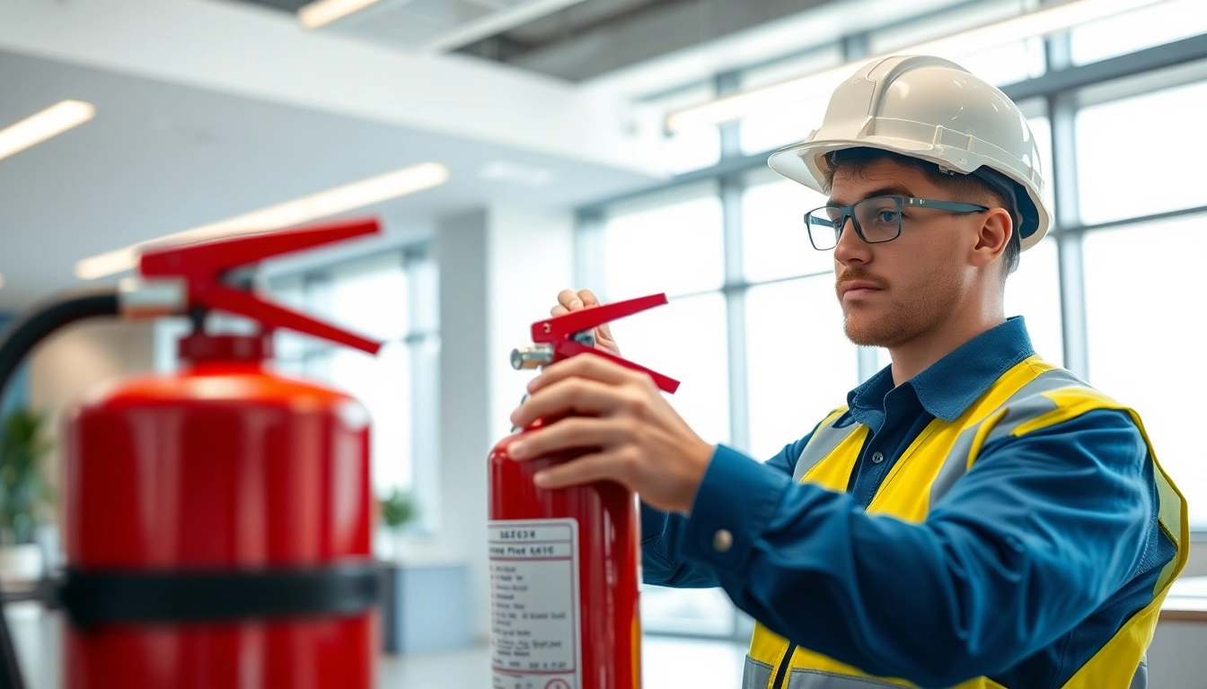 Ensure safety with Fire extinguisher servicing Lichfield by a professional technician in an office.