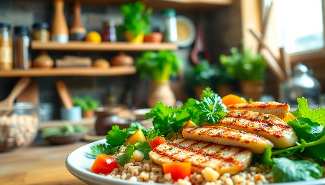 Enjoy healthy food to lose weight, featuring a colorful salad and lean proteins in a rustic kitchen.
