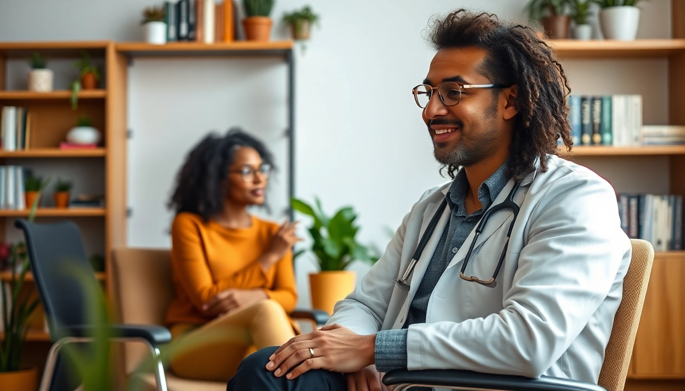 Compassionate psychiatrist conducting a session in a serene office environment.