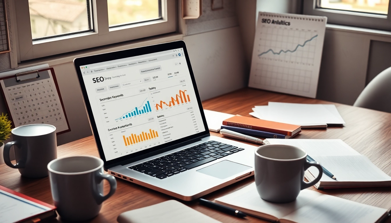 Optimize your strategy with Secondary Keywords visible on a laptop in a vibrant marketing workspace.