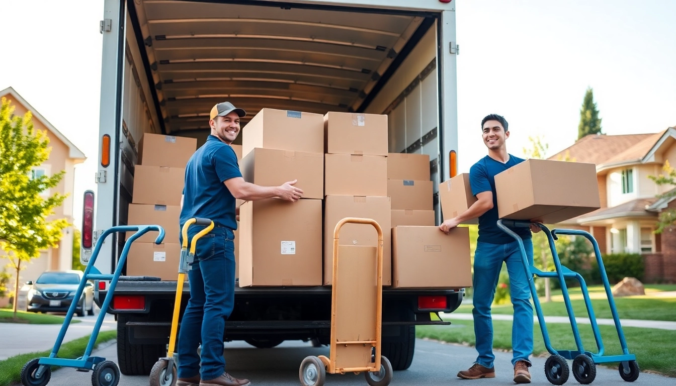 Movers Calgary efficiently loading a truck with boxes in a sunny neighborhood.