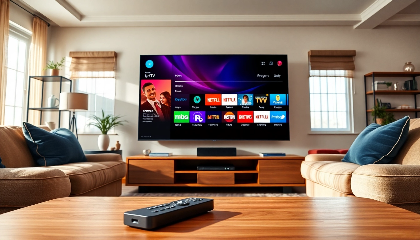Comprar IPTV en una sala de estar moderna con un televisor elegante y opciones de transmisión vibrantes.